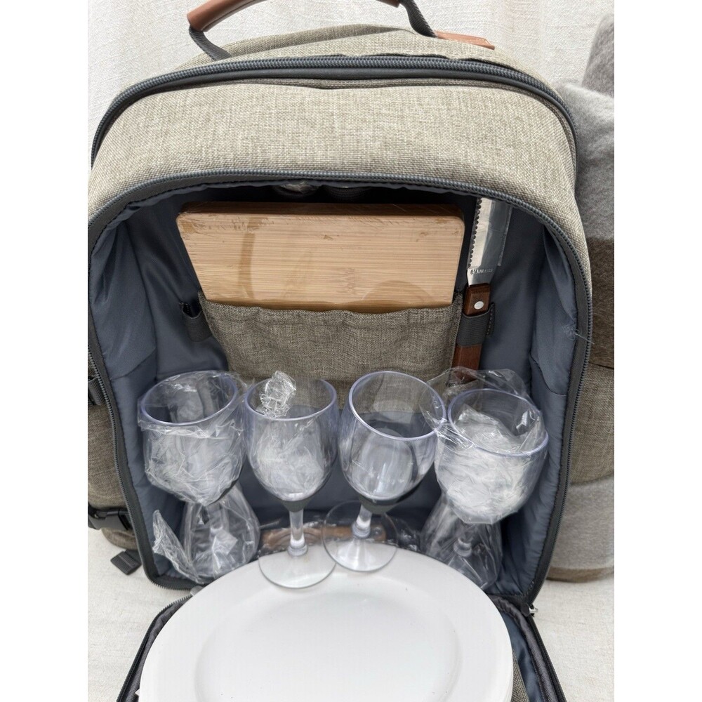 Sunflora Picnic Backpack Set Insulated 4 Person Blanket Plates Wine Glasses - Picture 10 of 16